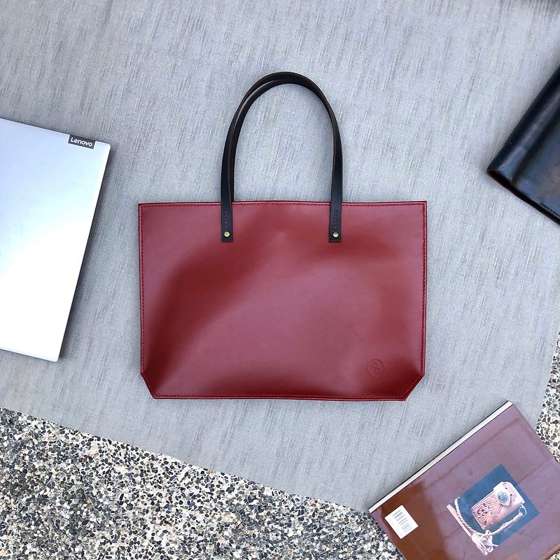 Cowhide simple contrast color tote bag-Lucky Red (gift hand-made experience)