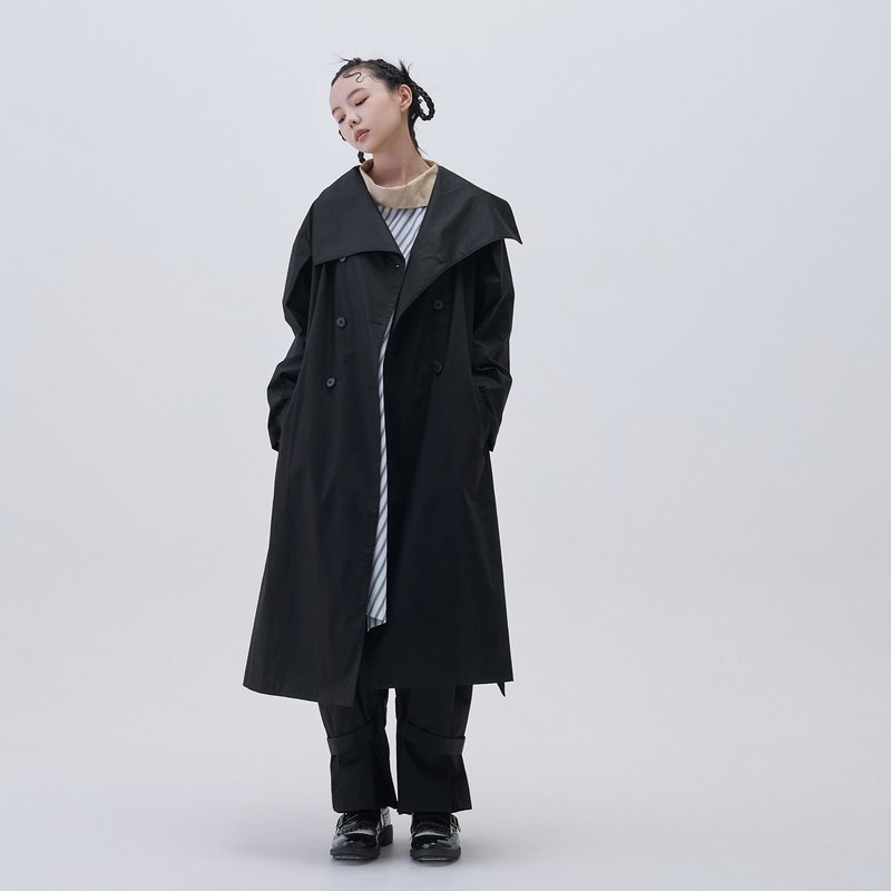 大翻領長版風衣外套 - 女大衣/外套 - 棉．麻 黑色