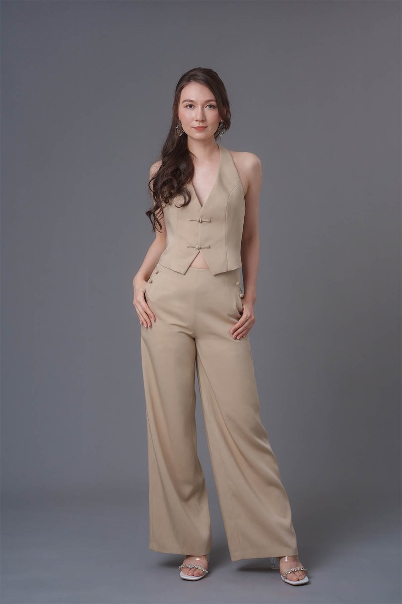 Halter Pankou Vest and Pants Set (Khaki) - ชุดราตรี - ผ้าฝ้าย/ผ้าลินิน สีกากี