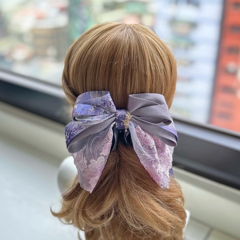 Exclusive lace bow intersecting clip banana clip fairy clip hair clip - antique purple gray - เครื่องประดับผม - วัสดุอื่นๆ สีม่วง