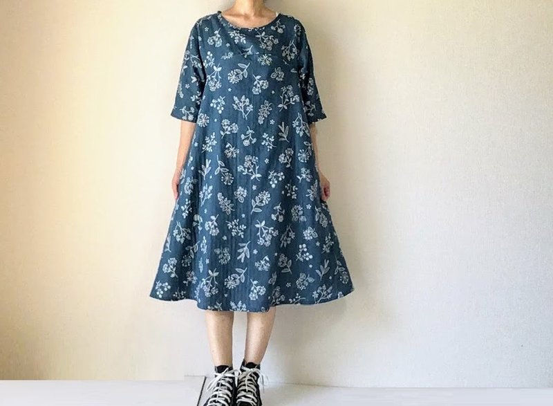 Flower pattern double gauze dress　cotton100 floral - One Piece Dresses - Cotton & Hemp Green