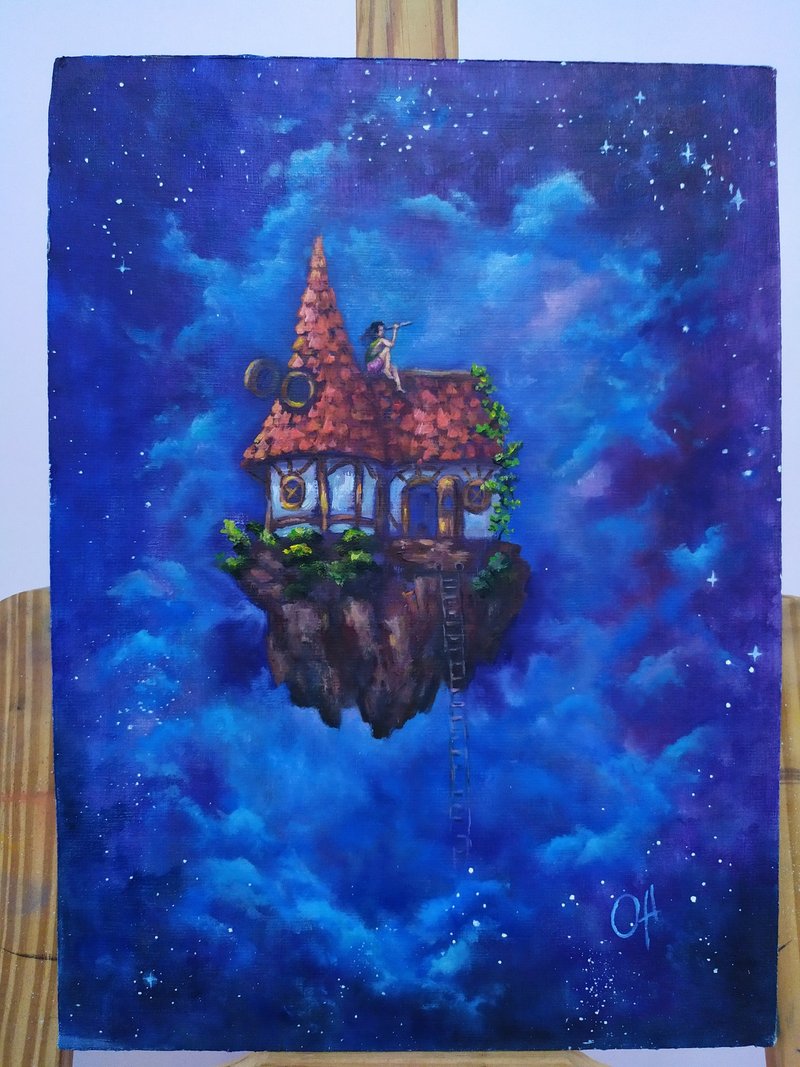 Oil painting. Fantasy. Space. Milky Way. Galaxy. Stars. Planet. Sky. Surreal art - Posters - Paper Blue