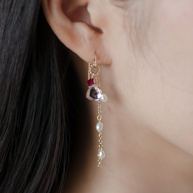 粉紅石英石多層次垂墜耳鈎 - 耳環/耳夾 - 半寶石 粉紅色