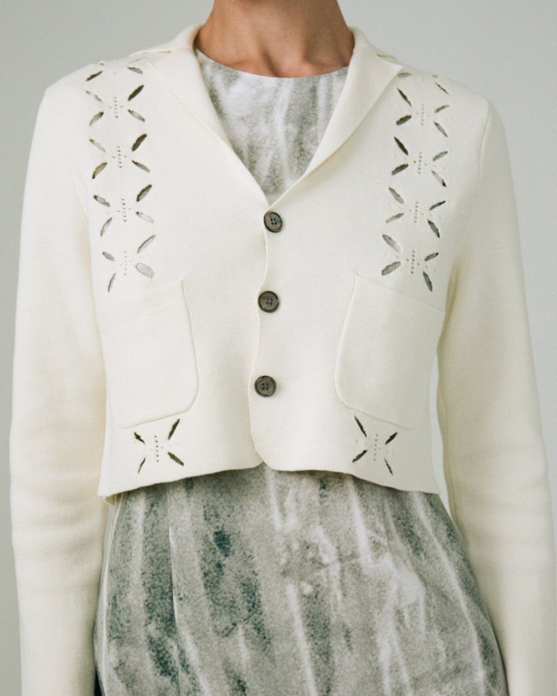 全棉鏤空花西裝領冷外套 - 女毛衣/針織衫 - 棉．麻 白色