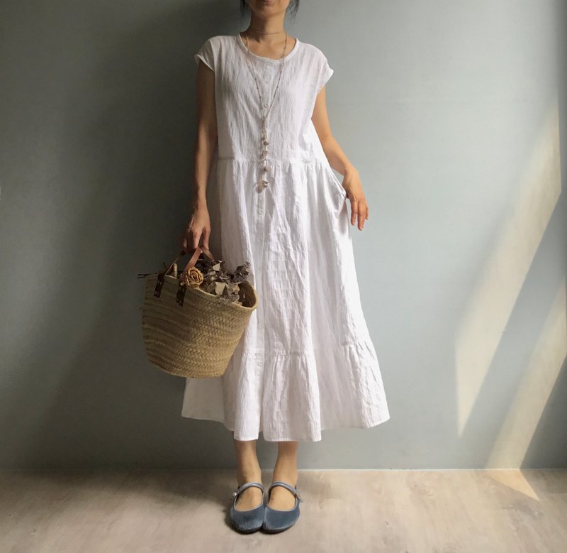 Summer romance/pure white textured jacquard cotton fully buttoned cake skirt long dress/100% cotton - ชุดเดรส - ผ้าฝ้าย/ผ้าลินิน ขาว