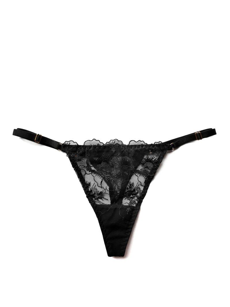 Adjustable straps thong - Floral lace panties - Sexy lingerie - Women underwear - 女內衣褲 - 聚酯纖維 黑色