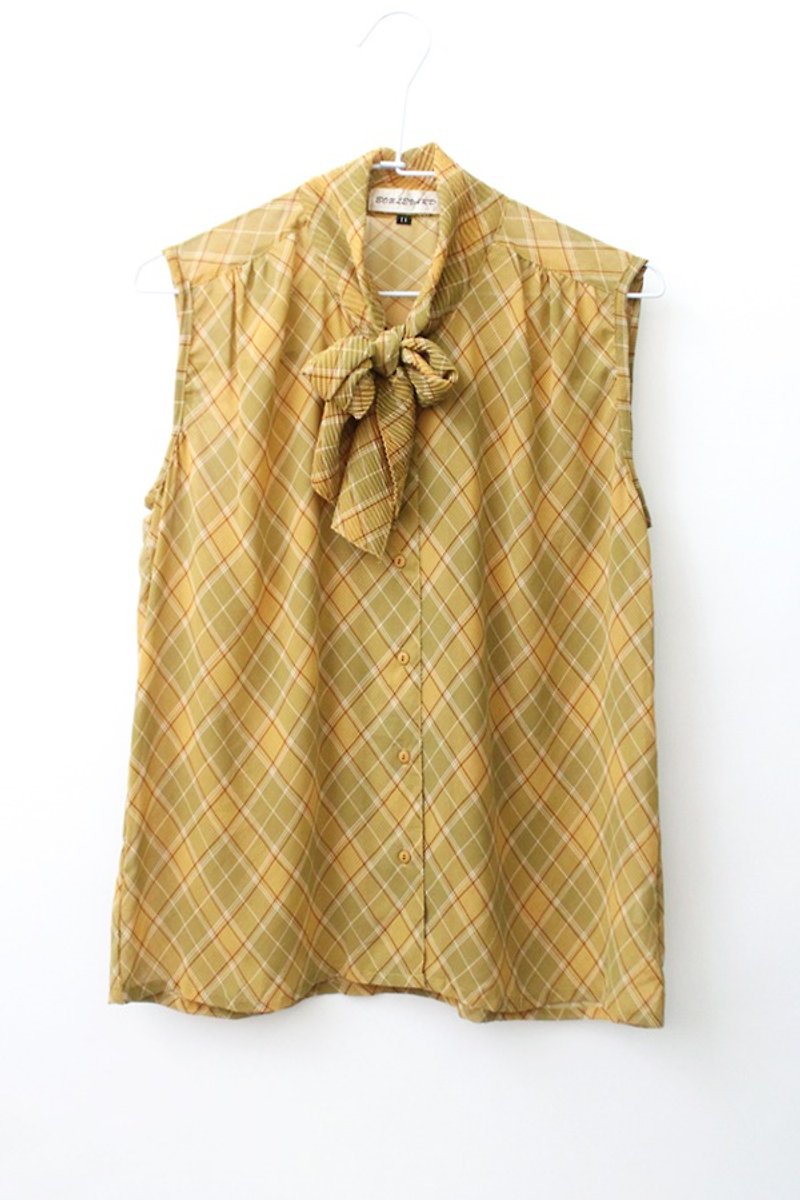 【RE0622T1532]夏の新鮮な黄色のチェック柄のノースリーブヴィンテージシャツネクタイ - シャツ・ブラウス - ポリエステル イエロー