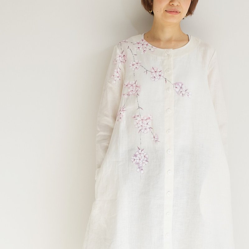 リネンコートワンピース　桜 - 洋裝/連身裙 - 棉．麻 白色