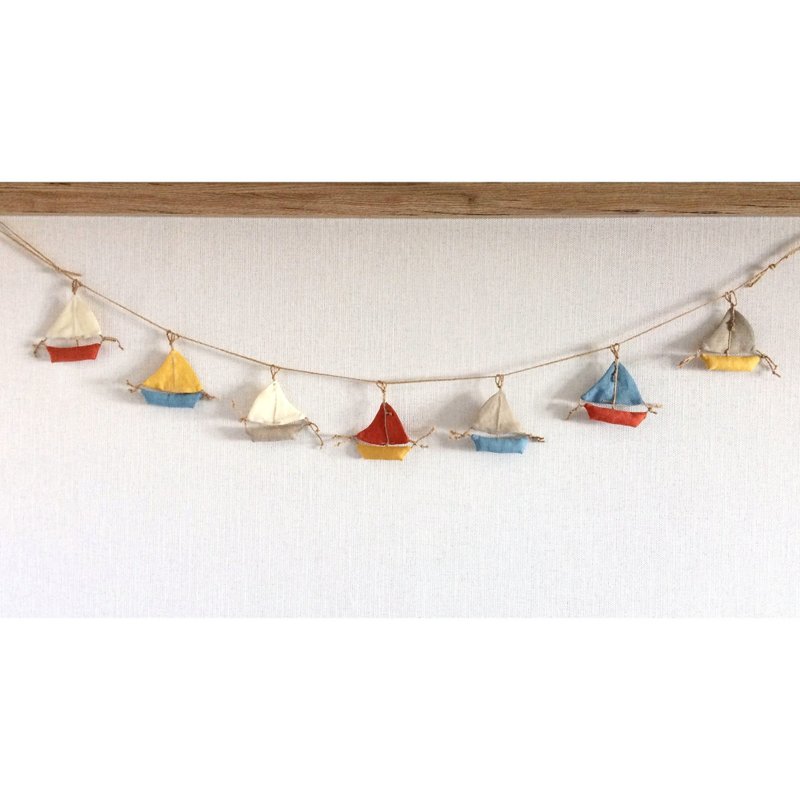 Terracotta, blue, gray, mustard linen boat garland, Sail boat decor - ตกแต่งผนัง - ลินิน หลากหลายสี