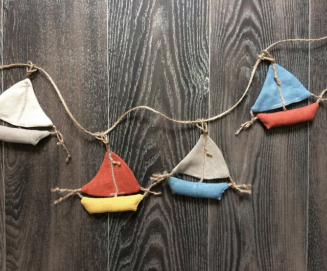 Terracotta, blue, gray, mustard linen boat garland, Sail boat decor - Shop  Anelle Toys Wall Décor - Pinkoi