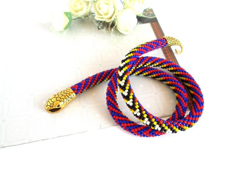 Red Blue with Black BRACELET Striped Snake bracelet Ouroboros jewelry Serpent ro - 手鍊/手環 - 其他材質 多色