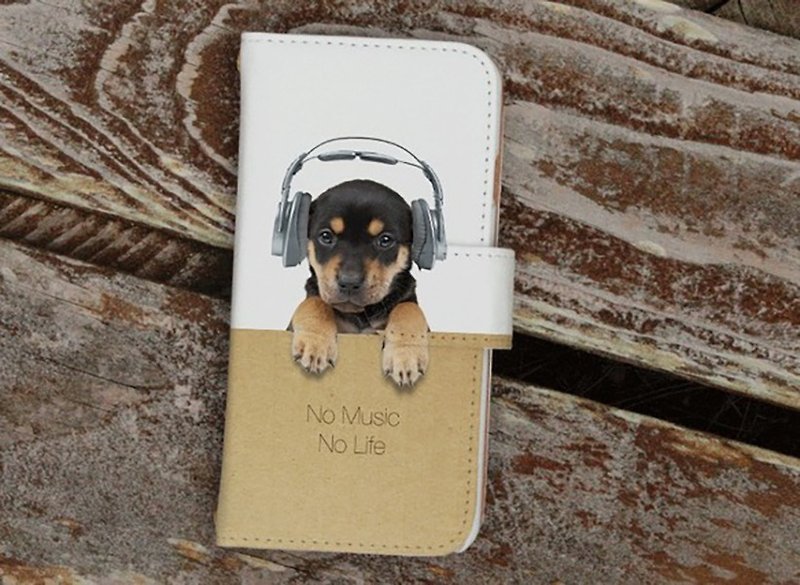 [Compatible with all models] Free shipping [Notebook type] Even puppies No Music No Life smartphone case - เคส/ซองมือถือ - หนังแท้ สีทอง