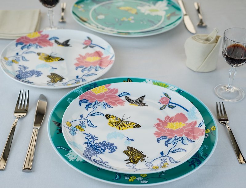Butterfly Love Peony Bone Porcelain Plate Set (20.5cm Disc + 30.5cm Disc) - Plates & Trays - Porcelain Multicolor