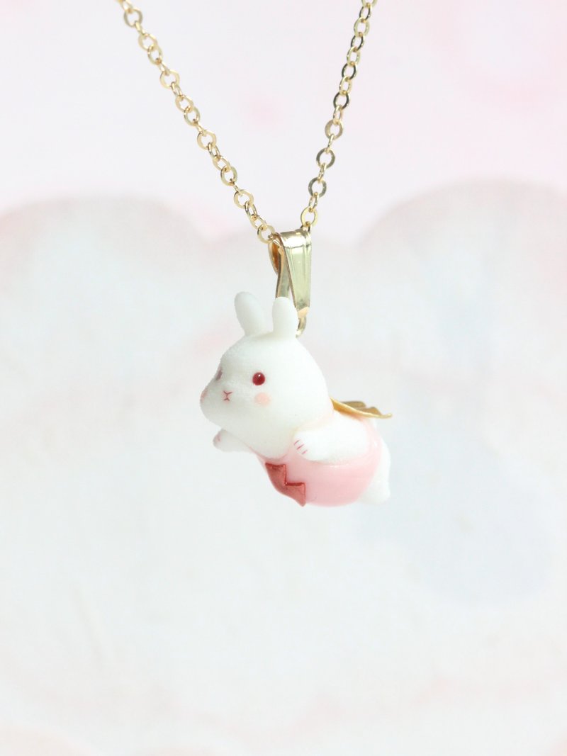 Flying Bunny Necklace Pendant Cute Gift - สร้อยคอ - วัสดุอื่นๆ สึชมพู