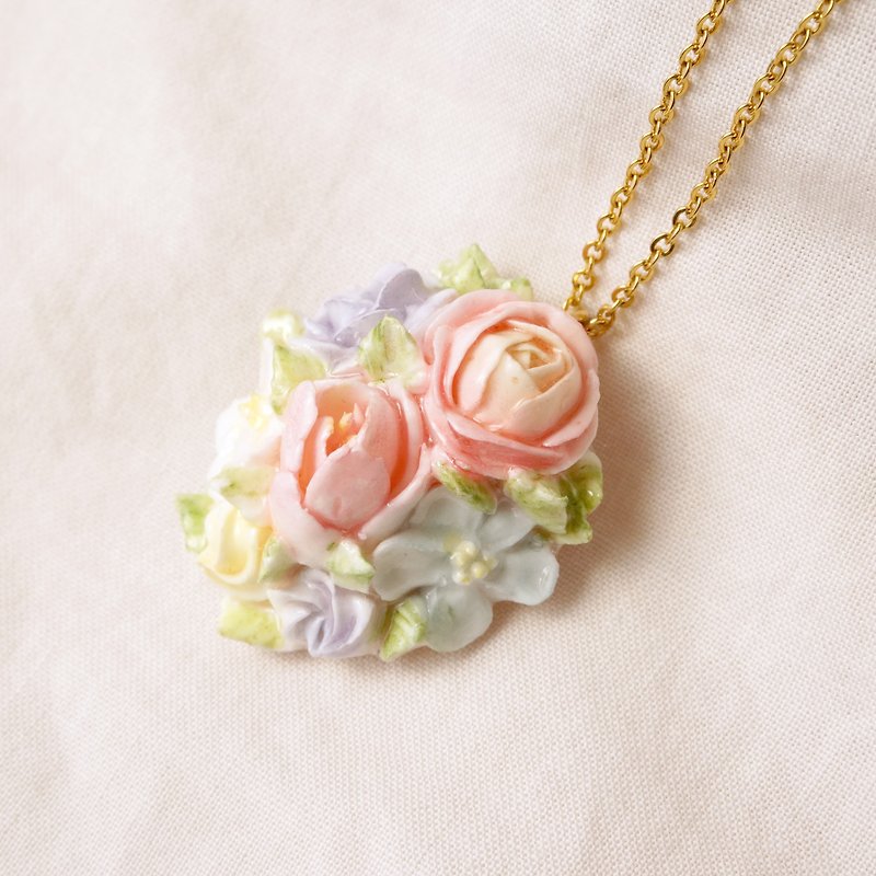 =Flower Piping= Bouquet Pendant Necklace Customizable - สร้อยคอ - ดินเหนียว หลากหลายสี