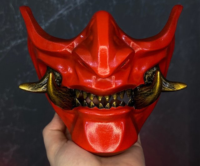 赤と金の鬼半面、侍コスプレ用日本の面頬マスク、兜ヘルメット