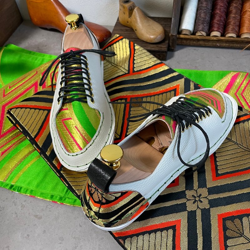 Japan Made 着物帯  ホワイト×グリーン　ローカットスニーカー - 女運動鞋/球鞋 - 真皮 綠色