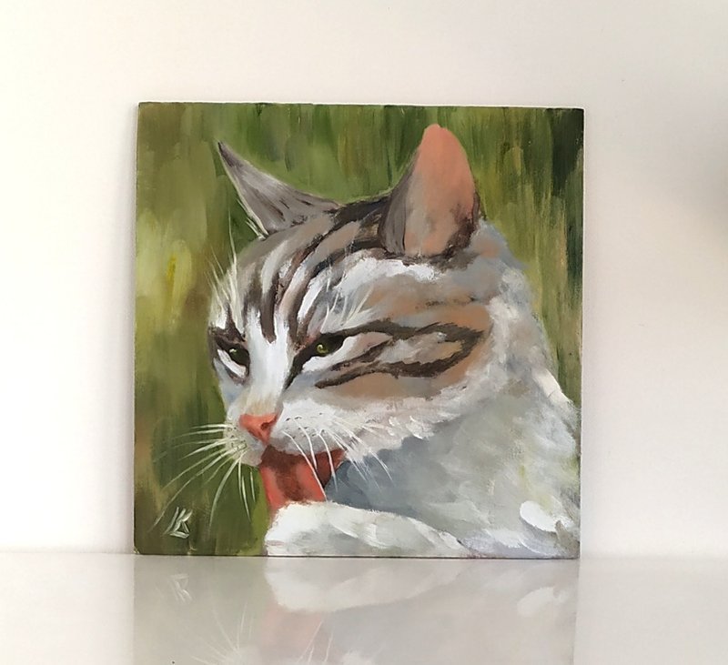 Gray Cat Original Oil Painting on Cardboard Impressionism Art Animal Painting - Wall Décor - Other Materials Multicolor