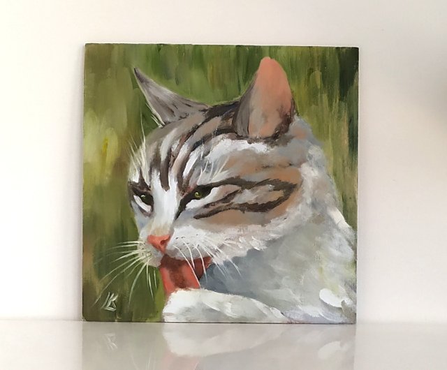 灰色の猫 段ボールに描いたオリジナル油絵 印象派アート 動物画