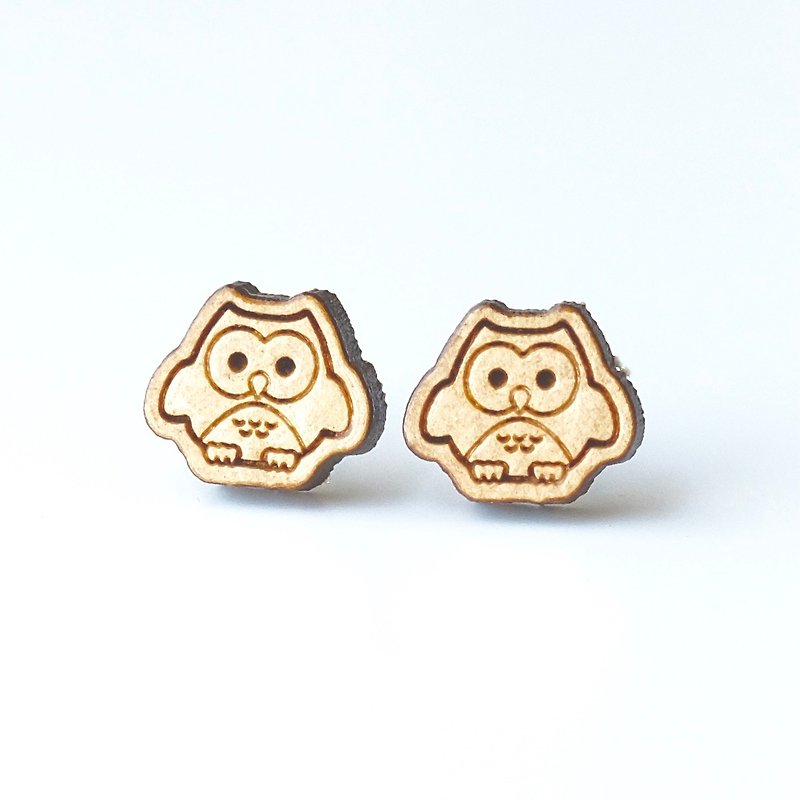 Plain wood earrings-Owl - ต่างหู - ไม้ สีนำ้ตาล