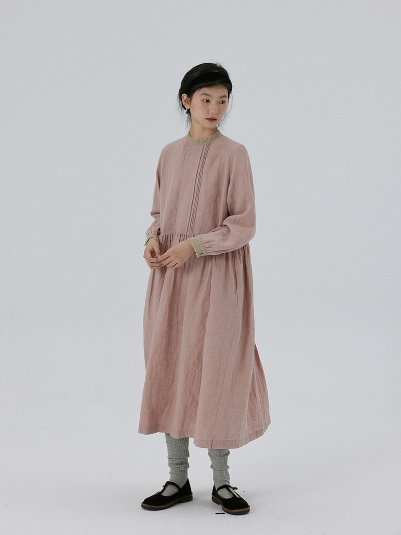 Yarn-dyed Washed Linen Special Gray Pink Long Sleeve Tucker Dress - One Piece Dresses - Cotton & Hemp 