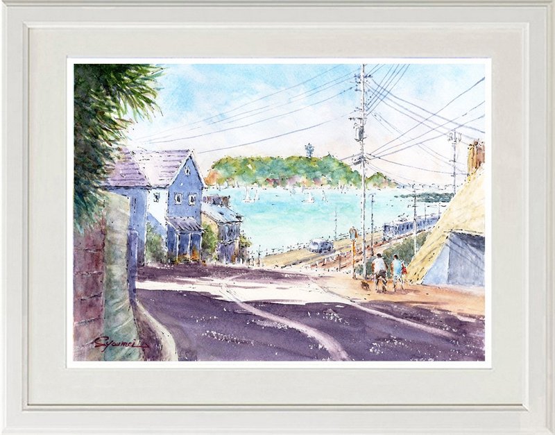 Watercolor original painting: Green Enoshima - Posters - Paper Blue