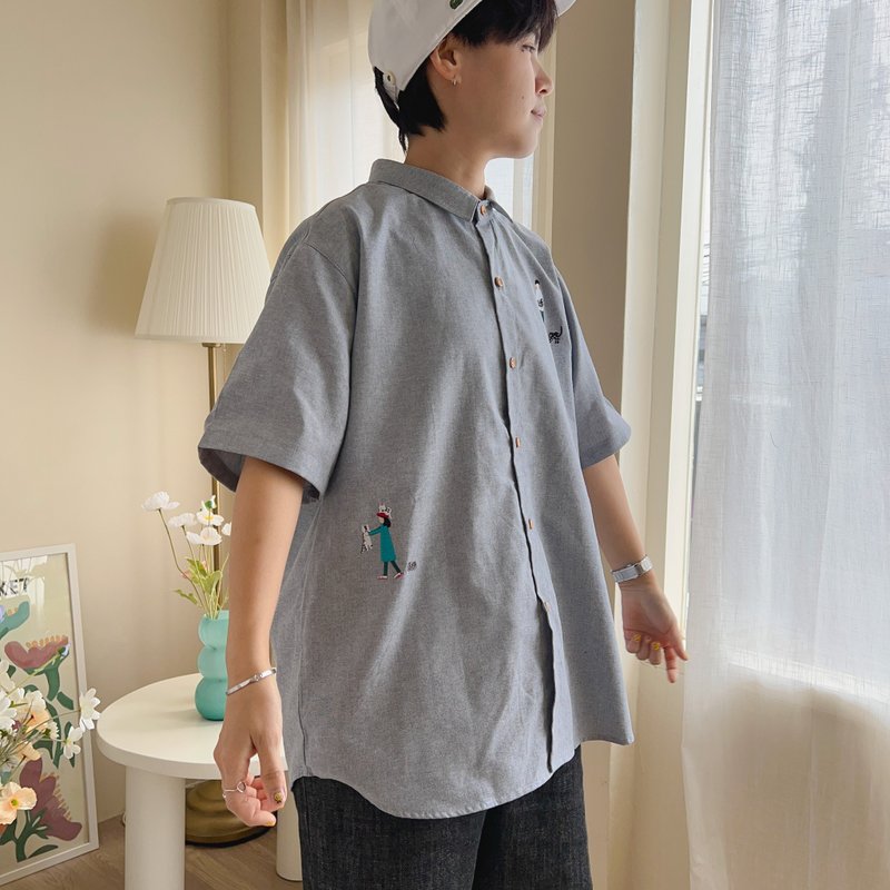 Embroidery Shirt : Naughty Cat 猫 Grey グレー S/M/L - シャツ・ブラウス - コットン・麻 グレー