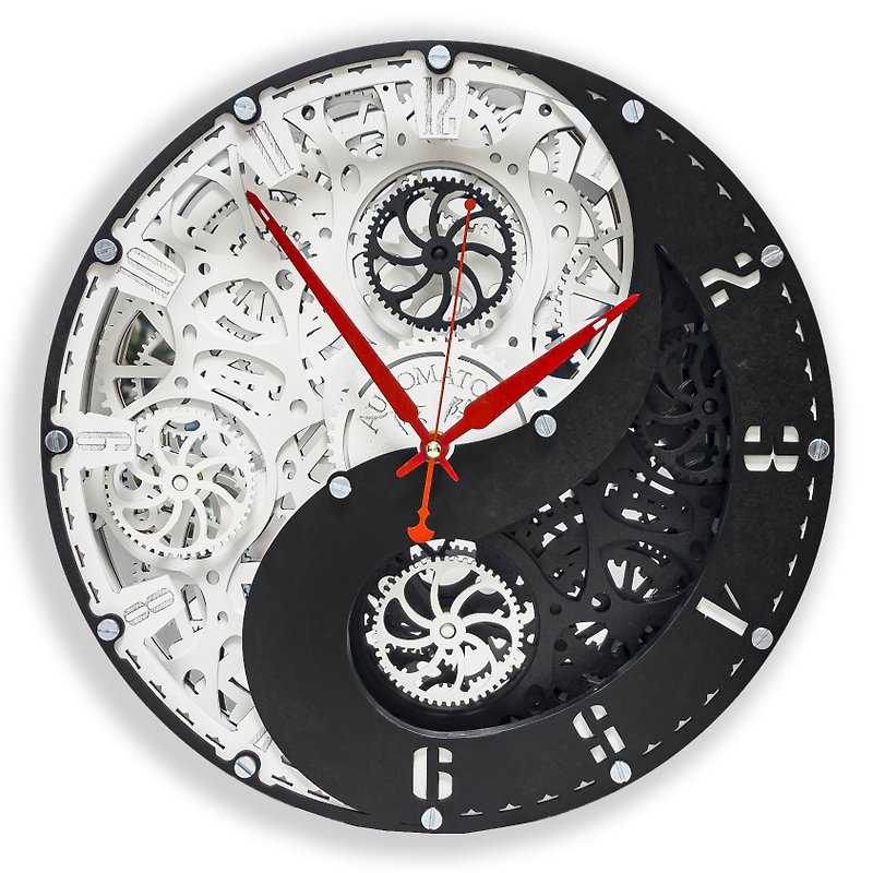 Automaton Yin and Yang Moving Gears Wall Clock, Large Black and White Kinetic Ar - Clocks - Wood White