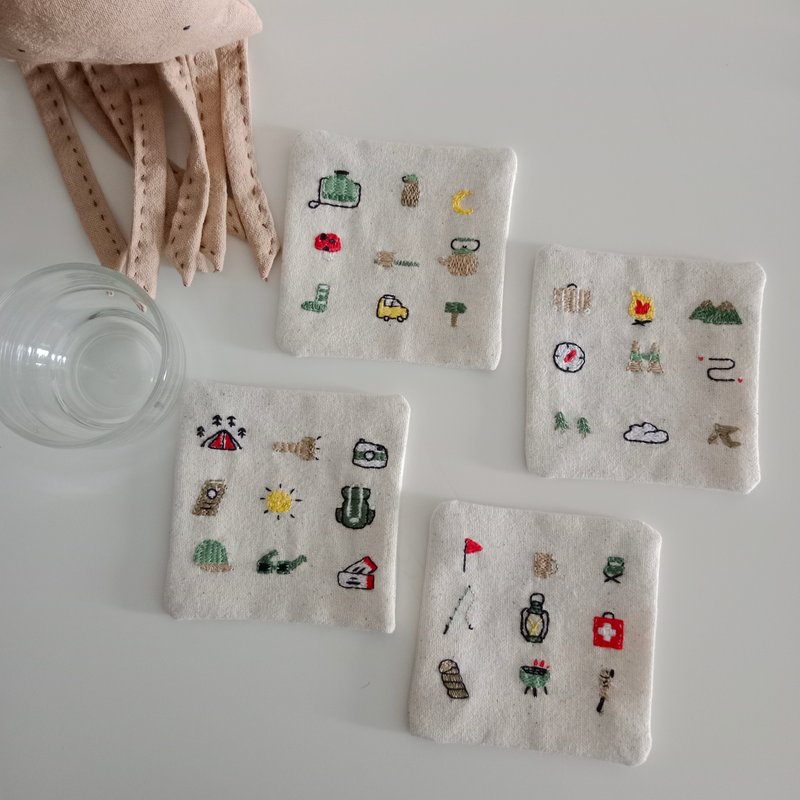 Camping coaster set 4PCS hand embroidered 100%natural cotton fabric - Coasters - Cotton & Hemp White