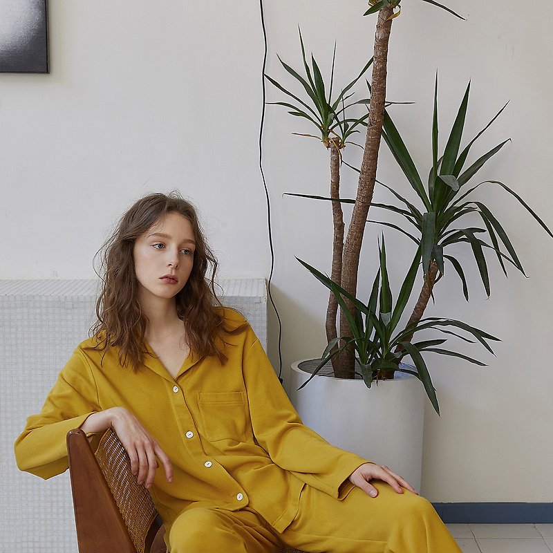 Simple Pajamas Set Original Homewear Knitted Long Sleeve Fleece Cotton Women - Loungewear & Sleepwear - Cotton & Hemp Yellow