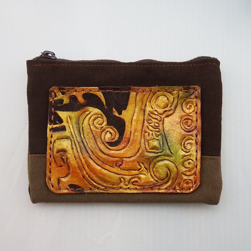 Multilayer leather wine bag cloth coin purse auspicious phoenix illustration - Coin Purses - Genuine Leather Brown