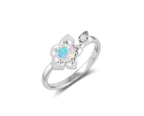 Majade Jewelry Design 彩歐泊14k白金鑽石訂婚戒指 非傳統蘭花結婚戒指 大自然花卉戒指
