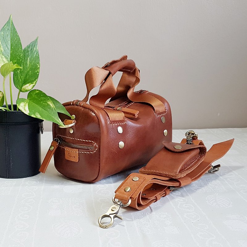 MINI LEATHER WEEKENDER BAG / SLING BAG - A41 - Toiletry Bags & Pouches - Genuine Leather Brown