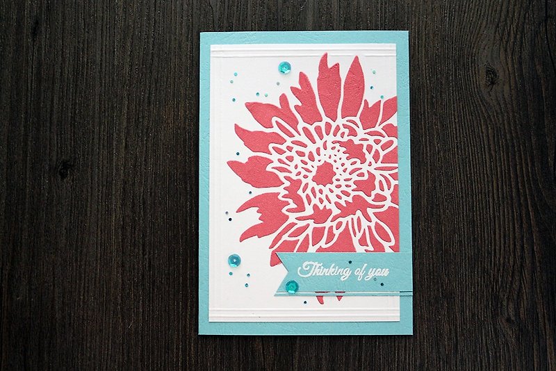 Apu handmade card frosted embossed red flower greeting card THINKING OF YOU greeting card gift card - การ์ด/โปสการ์ด - กระดาษ 
