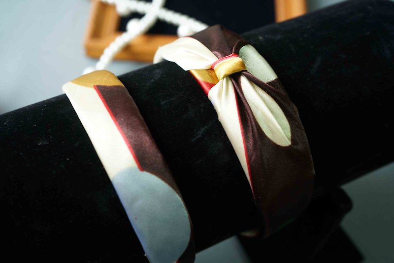 手作-古董布花領帶改造復古髮箍-普普棕-蝴蝶結款 - 髮帶/髮箍 - 聚酯纖維 咖啡色