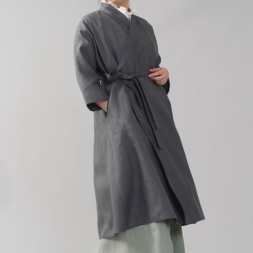 【関税込み】Dunst グレー ハンドメイド ローブコート wafu - 中厚 リネン 羽織 ドルマンスリーブ 着物 和 襟 ローブ