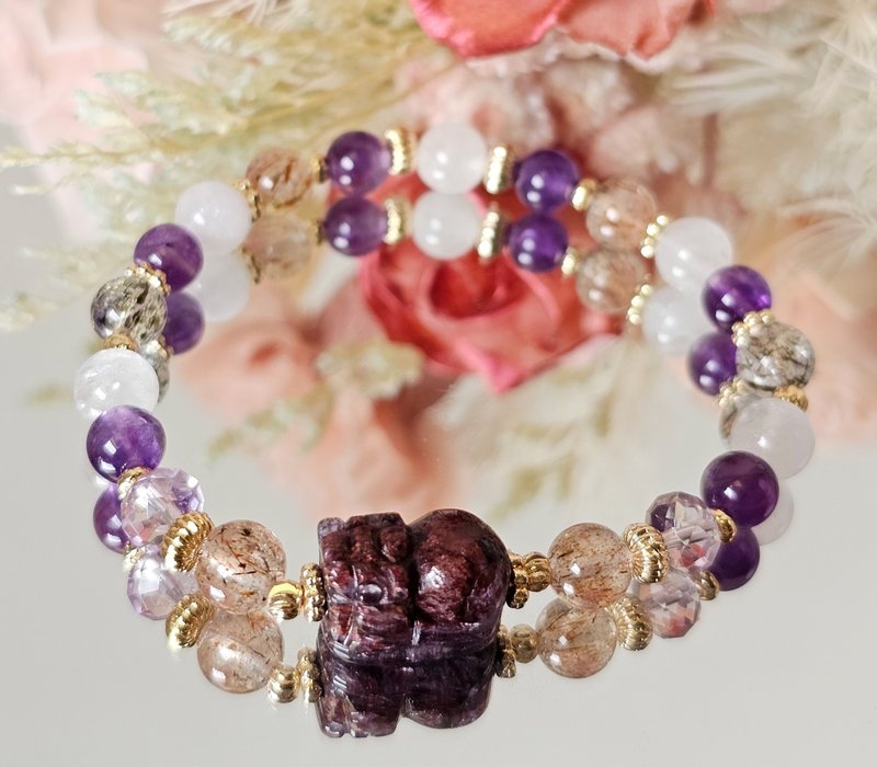 Red Phantom Pixiu Bracelet - Style 1 - One Piece Per Photo / Wealth Attraction, Abundance / White Phantom / Amethyst / Black Tourmaline in Quartz - สร้อยข้อมือ - คริสตัล หลากหลายสี
