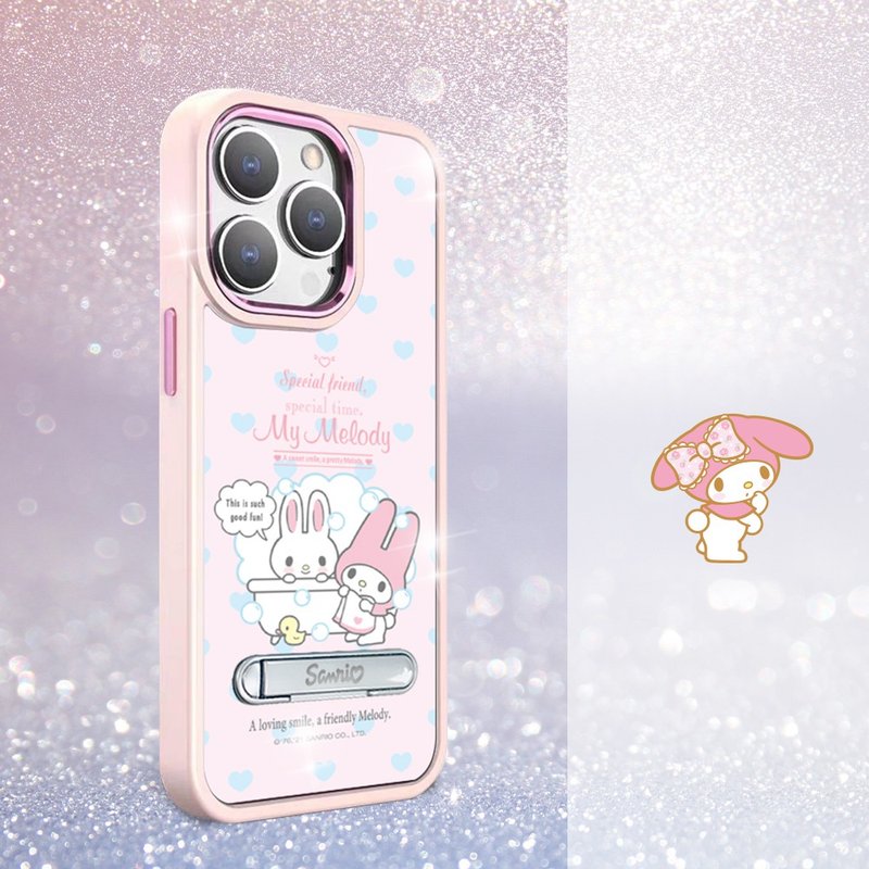 三麗鷗 iPhone15/14系列 軍規防摔合金框立架手機殼-沐浴美樂蒂粉 - 手機殼/手機套 - 其他材質 多色