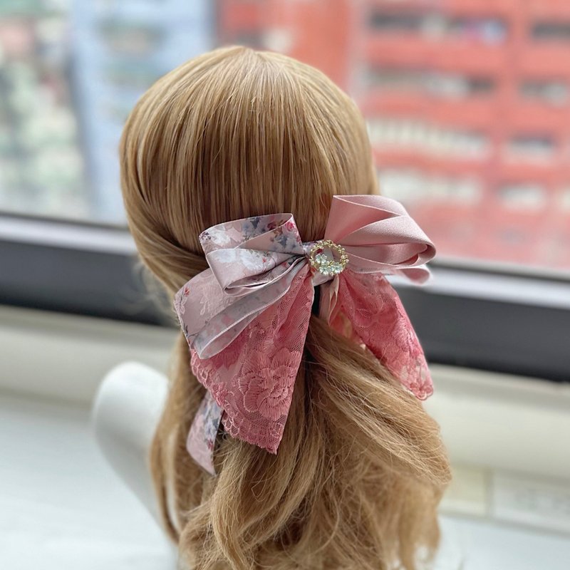 Exclusive lace bow intersecting clip banana clip fairy clip hair clip - antique orange pink - เครื่องประดับผม - วัสดุอื่นๆ สึชมพู