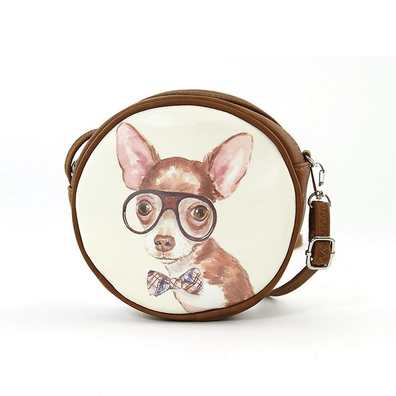 Sleepyville Critters - Nerdy Chihuahua  Round Shoulder Crossbag - Messenger Bags & Sling Bags - Faux Leather White