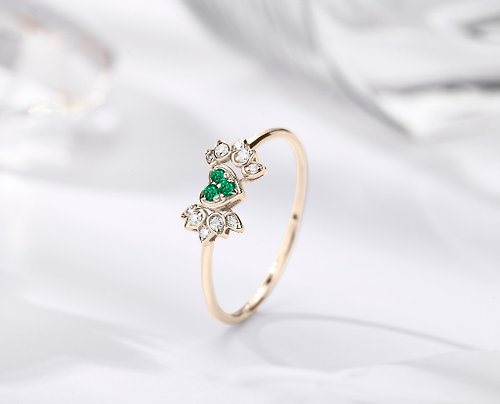Majade Jewelry Design 祖母綠14k金鑽石心形訂婚戒指 丘比特之翼結婚戒指 天使翅膀鑽戒