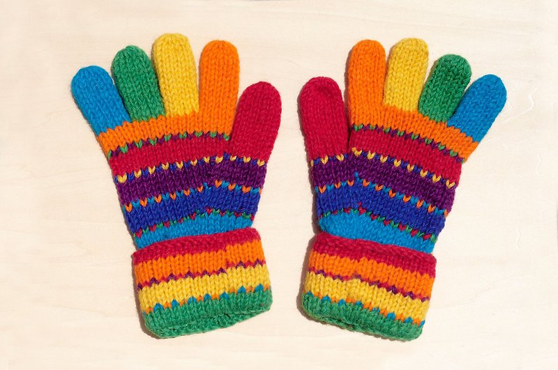 聖誕節禮物 手工限量針織純羊毛保暖手套  / 針織手套 - 東歐彩虹色繽紛感條紋 - 手套/手襪 - 其他材質 多色