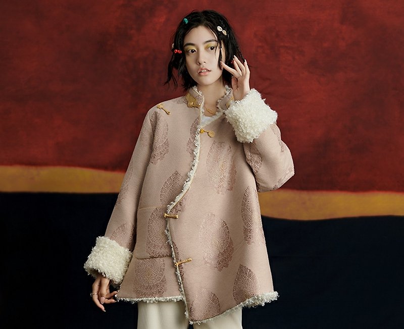 藏式復古 新中式加厚羊羔毛 - 女上衣/長袖上衣 - 羊毛 粉紅色