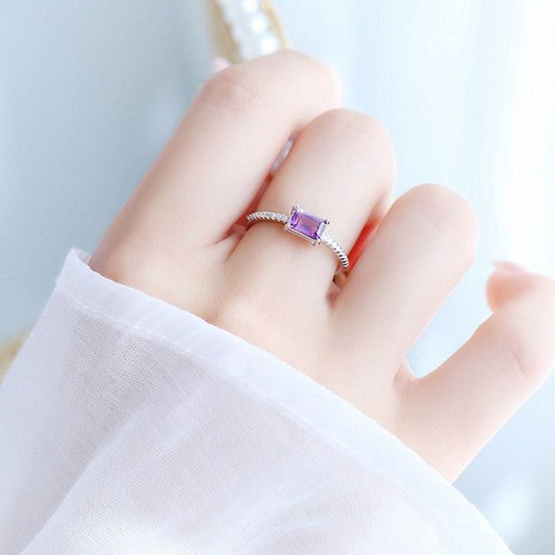 方形紫水晶純銀鍍白金戒指-可調式FreeSize-2月誕生石 AMETHYST - 戒指 - 半寶石 紫色