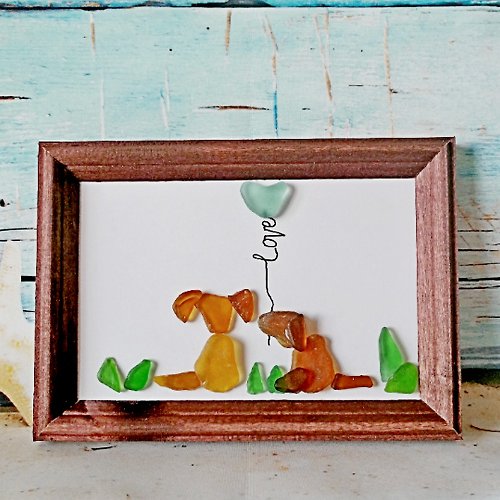 海玻璃給你 Dog Sea Glass Art/Dog gift/Dog Art Gifts for her/Dog couple/Pet lover Frame Art