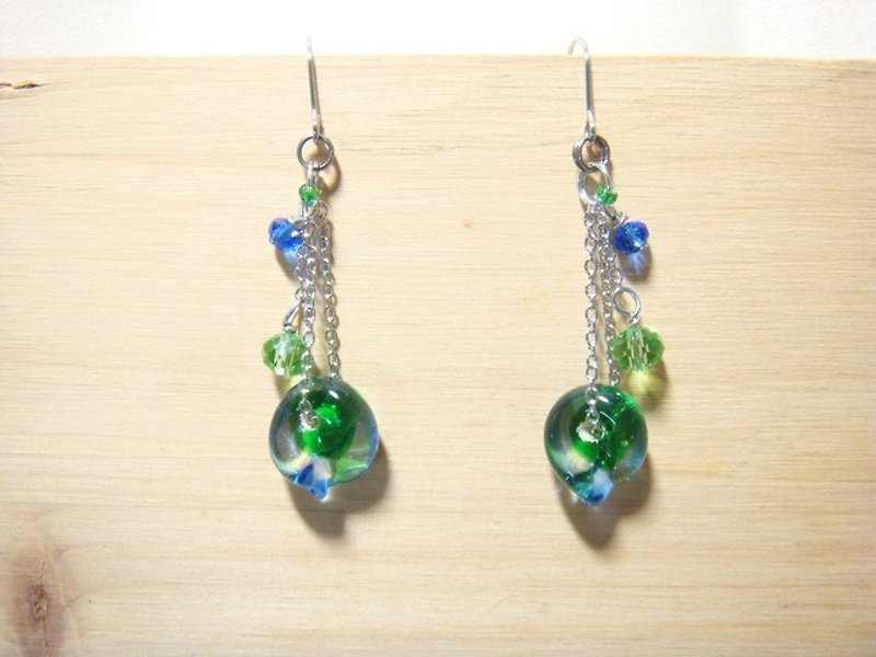 柚子林琉璃 - 若葉 - 耳環 - 星空藍 x 森林綠 - 可改夾式 - 耳環/耳夾 - 玻璃 多色