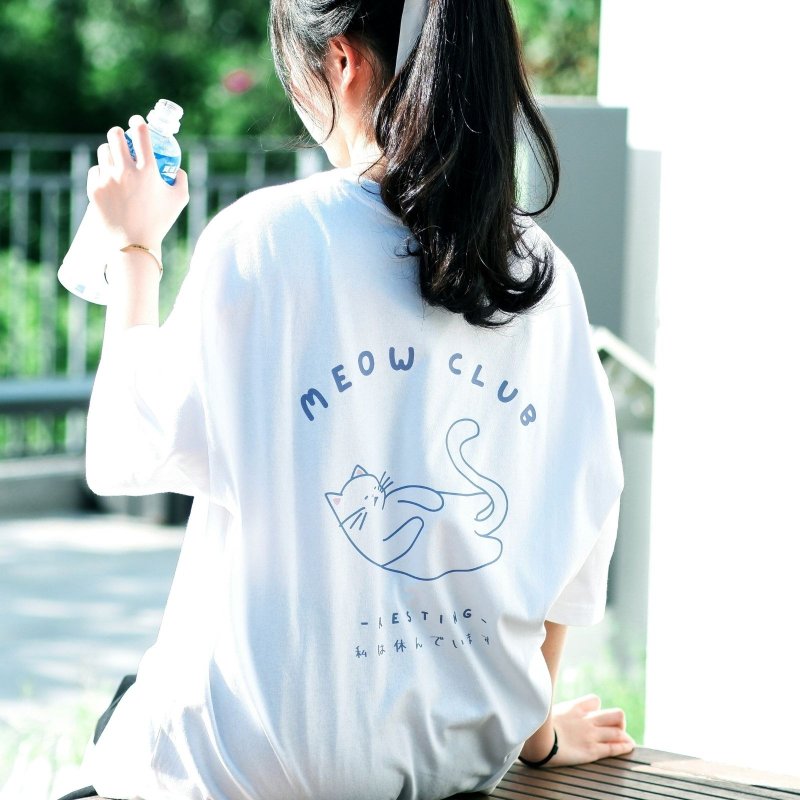 【CREEPS】Meow Club Resting 寬鬆重磅印花T恤 210g - 男 T 恤 - 棉．麻 多色