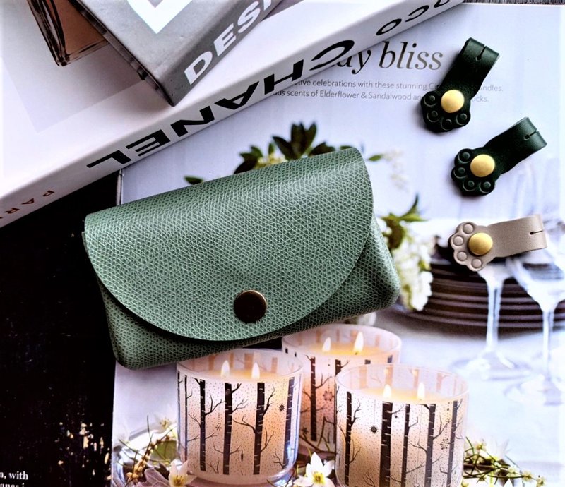 Celadon Green Coin Purse Palm Grain Leather [Free Thunder Carving] Birthday Gift Mother's Day Gift Short Clip - Coin Purses - Genuine Leather Green