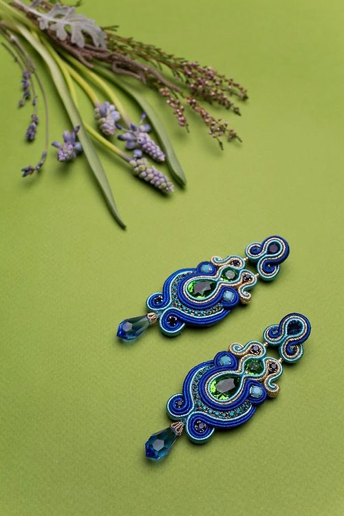 Olga Sergeychuk jewelry Earrings Vivid Long drop earrings with crystals in blue green color Christmas Gi