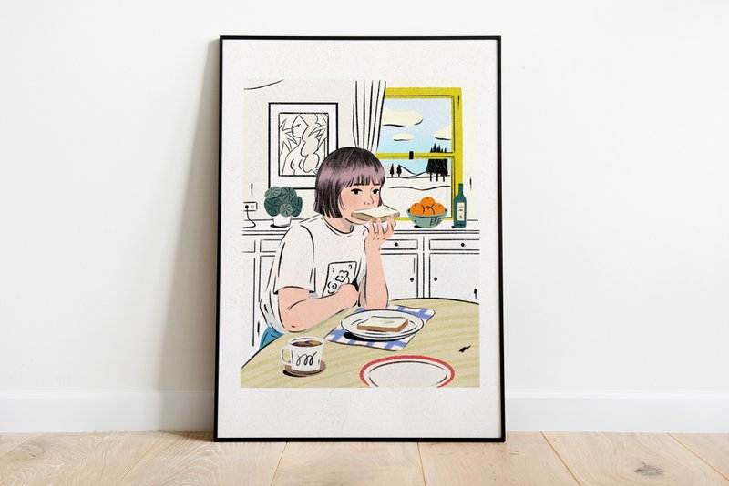 Girl eating toast | A4 poster | Art print | - โปสเตอร์ - กระดาษ ขาว